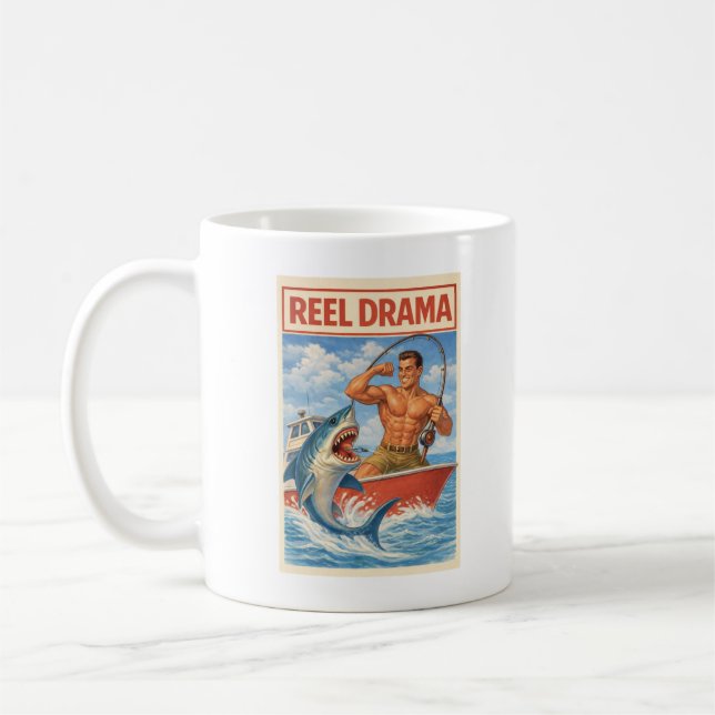 Reel Drama Shark Fisherman | Funny Retro Fishing Coffee Mug (Left)