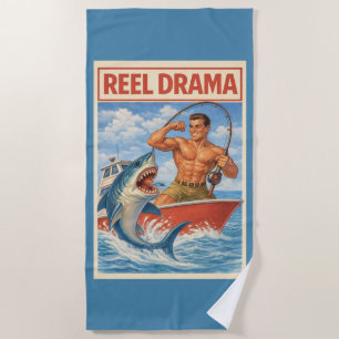 Reel Drama Shark Fisherman   Funny Retro Nautical Beach Towel