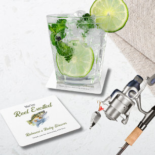 Reel Excited Big Fish Fisherman Baby Shower Square Paper Coaster