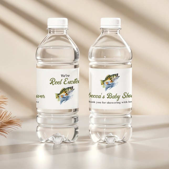 Reel Excited Big Fish Fisherman Baby Shower Water Bottle Label (Creator Uploaded)