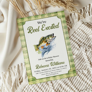 Reel Excited Fish Gingham Fisherman Baby Shower Invitation