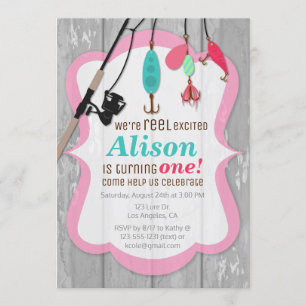 Reel Excited Pink Girl Fishing Birthday Invitation