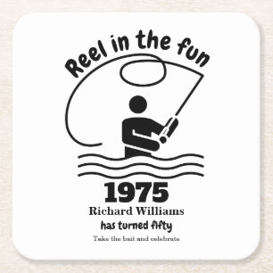 Reel in the Fun Modern Fisherman 50th Birthday Square Paper Coaster