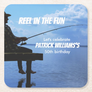 Reel in the Fun Sunset Fisherman 50th Birthday Square Paper Coaster