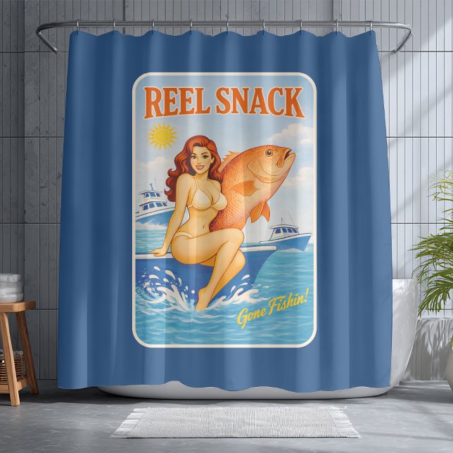 Reel Snack Funny Retro Pin-Up Red Snapper Fishing Shower Curtain (Creator Uploaded)