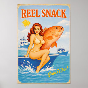 Reel Snack Retro Pin-Up   Red Snapper Fishing Boat Poster
