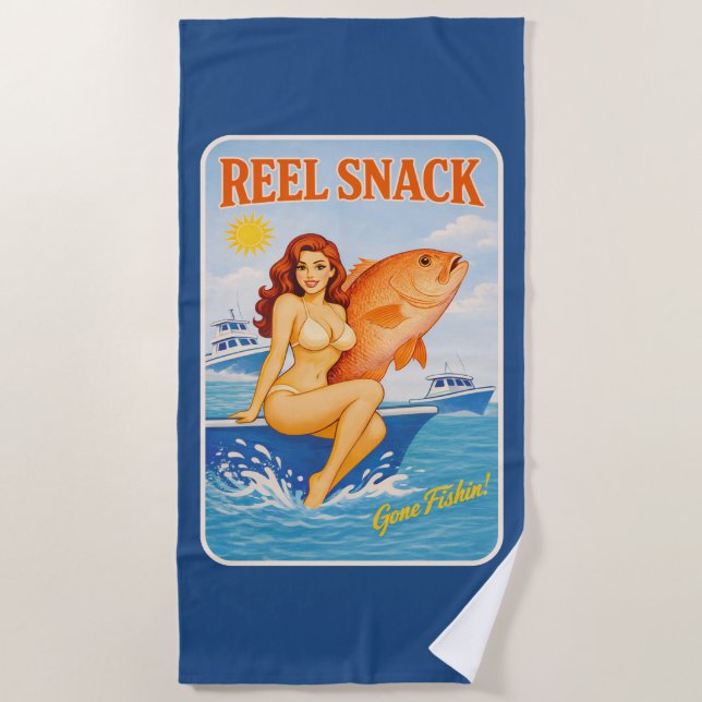 Reel Snack Retro Pin-Up Red Snapper Fishing Boater Beach Towel (Front)