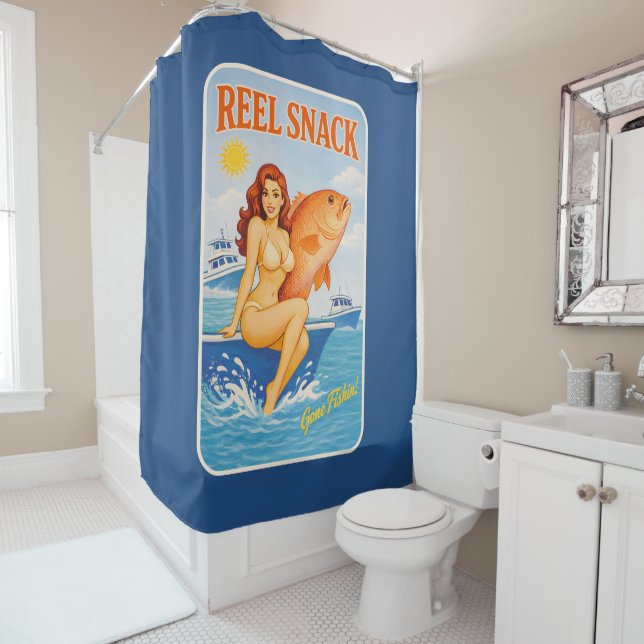 Reel Snack Retro Pin-Up Red Snapper Fishing Boater Shower Curtain (In Situ)
