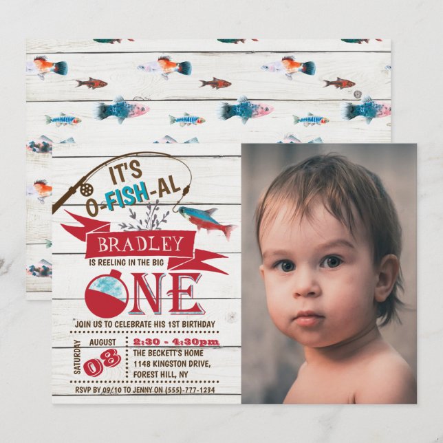 Reeling In The Big One Fishing 1st Birthday Photo Invitation (Front/Back)