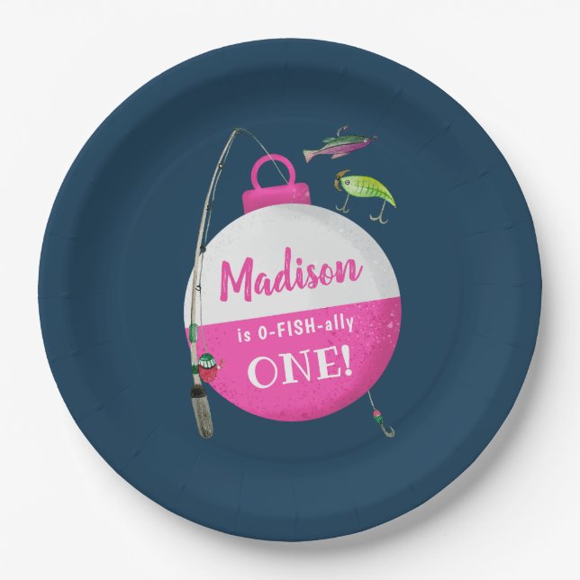 Reeling in the big ONE Fishing Birthday  Paper Plate (Front)