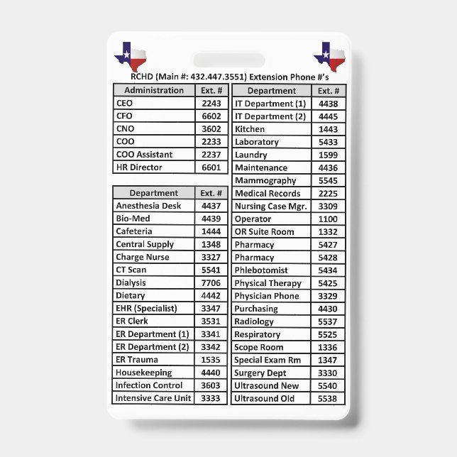 Reeves County RCHD Phone Numbers Badge ID Badge (Front)