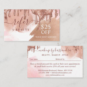 Refer A Beauty Pink Gold Glitter Drips Referral Business Card