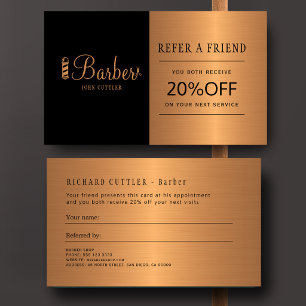 Refer a friend barber shop hair stylist gold black referral card