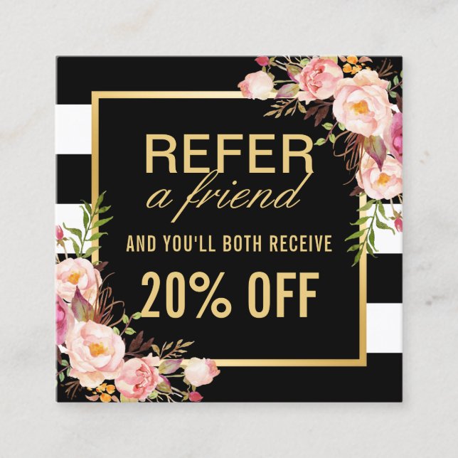 Refer a Friend Floral Gold Black White Referral (Front)