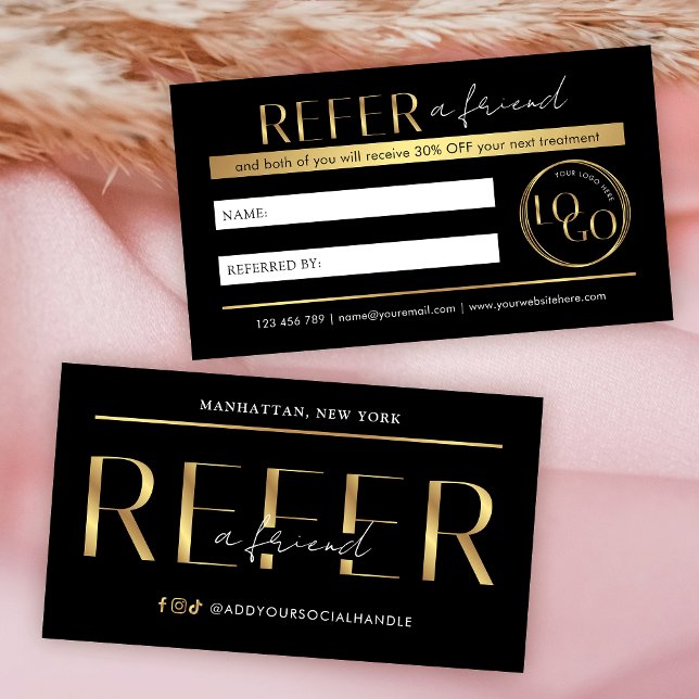 Refer A Friend Modern Black & Gold Logo Salon Spa Referral Card (Black and gold refer a friend business cards with your custom logo and referral discount offer)