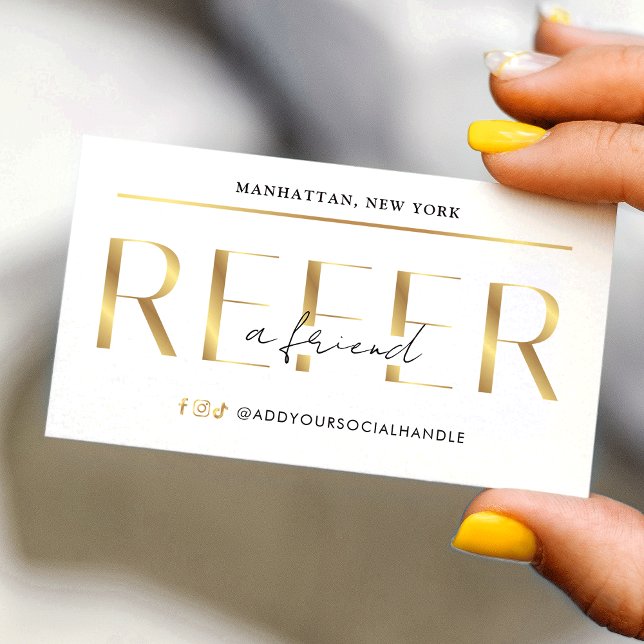 Refer A Friend Modern Glam Gold Logo Salon Spa Referral Card (White & Gold Refer A Friend Business Cards Design)
