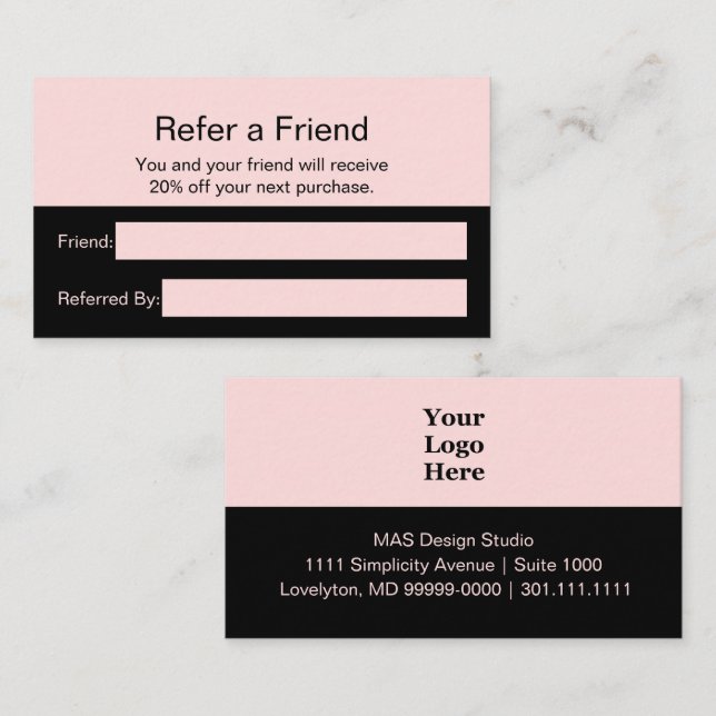Refer a Friend Pale Pink and Black Business Logo Referral Card (Front/Back)