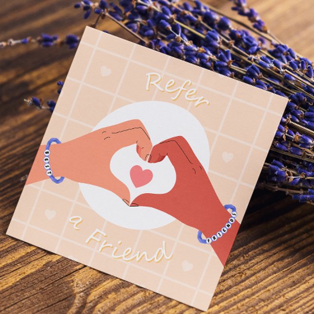 Refer A Friend Pink Heart Cute Hands Illustration Referral Card (Refer A Friend Pink Heart Cute Hands Illustration Referral Card)