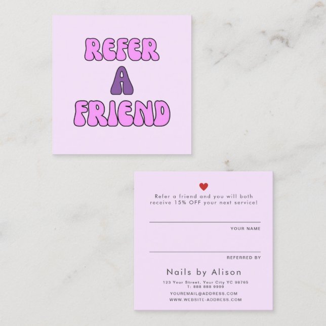 Refer a friend pink purple modern typography  referral card (Front/Back)