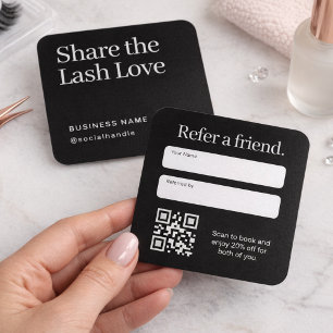 Refer a Friend QR Code White Text Black Lash Square Business Card