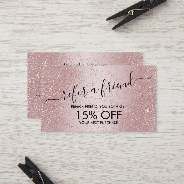Refer a Friend - Rose Gold Glitter  Referral Card (Front/Back In Situ)