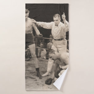Referee counting over boxer in ringboxing, vintage bath towel