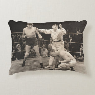 Referee counting over boxer in ringboxing, vintage decorative cushion