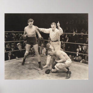 Referee counting over boxer in ringboxing, vintage poster
