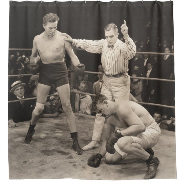 Referee counting over boxer in ringboxing, vintage shower curtain (Front)