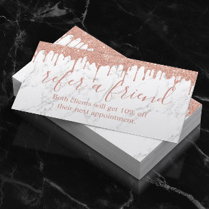 Referral Card   Rose Gold Dripping White Marble