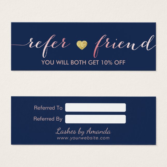 Referral Card | Rose Gold Script Navy Gold Heart (Front & Back)