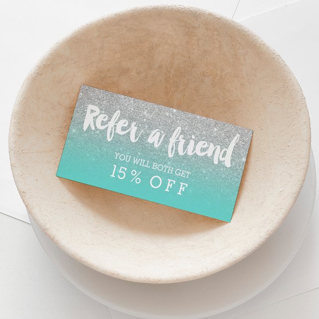 Referral card typography silver glitter turquoise (Creator Uploaded)