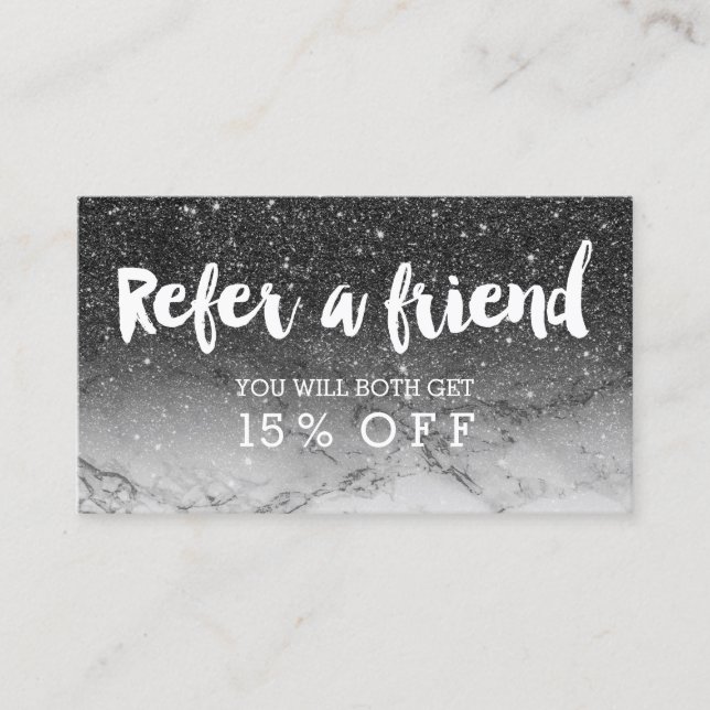 Referral modern typography black glitter marble card (Front)