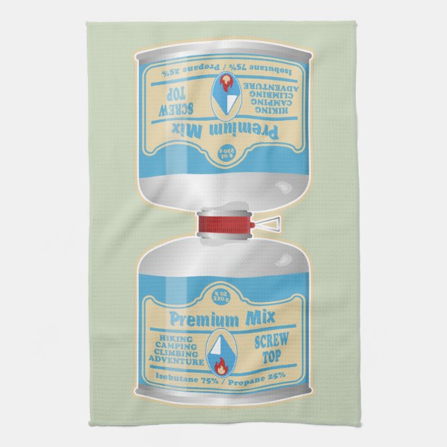 Refilling gas canisters for camp stoves tea towel (Vertical)