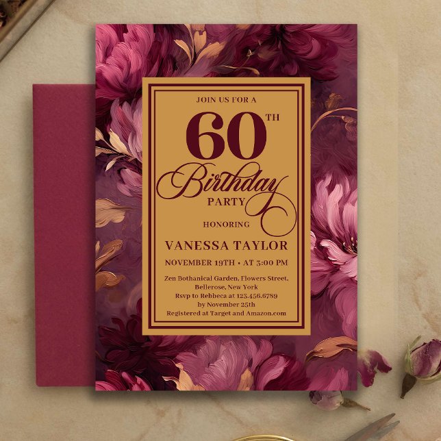 Refined 60th Birthday Burgundy Blush Floral Invite (Refined 60th Birthday Burgundy Blush Floral Invitation)