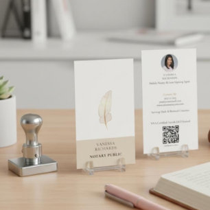 Refined Beige Gold Feather Notary Photo QR Business Card