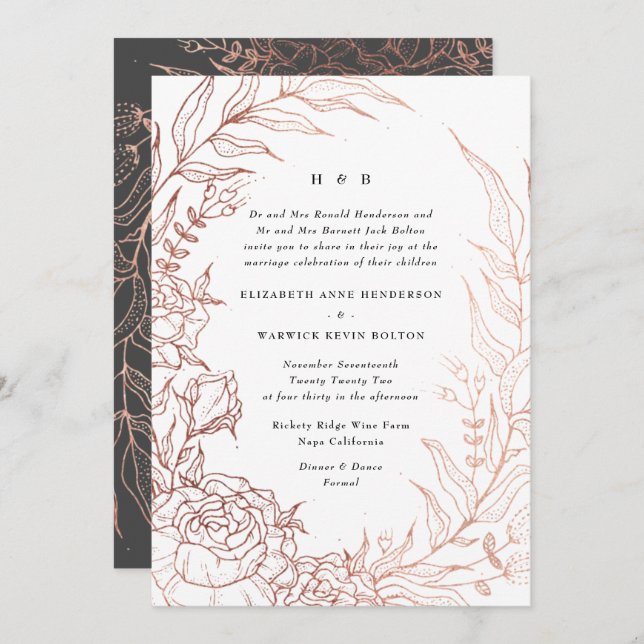 Refined Black Elegance Rose Gold Monogram Wreath Invitation (Front/Back)
