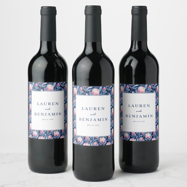 Refined Blue and Pink Floral Pattern Wine Label (Bottles)