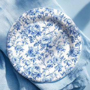 Refined Blue French Toile Roses Floral Paper Plate