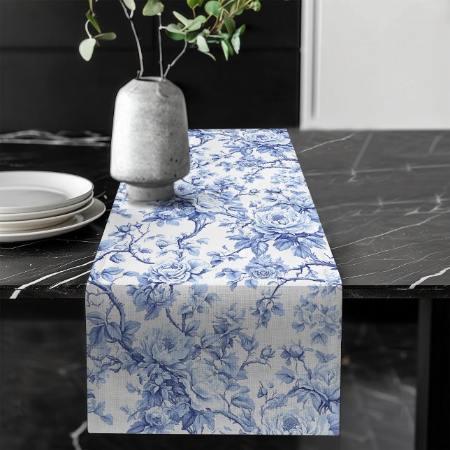 Refined Blue French Toile Roses Floral Table Runne Long Table Runner (Refined Blue French Toile Roses Floral Table Runner)