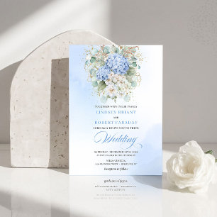 Refined Blue Hydrangea Floral Gold Wedding Invite