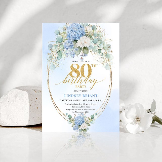 Refined Blue Hydrangea Gold Floral 80th Birthday   Invitation (Refined Blue Hydrangea Gold Floral 80th Birthday Invite)