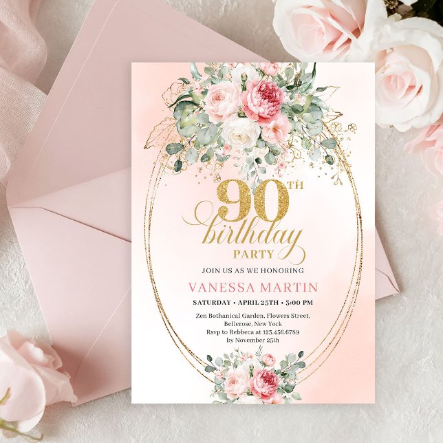Refined Blush Roses Gold Minimal 90th Birthday  Invitation (Modern Bohemian Blush Floral 90th Birthday Invitation)