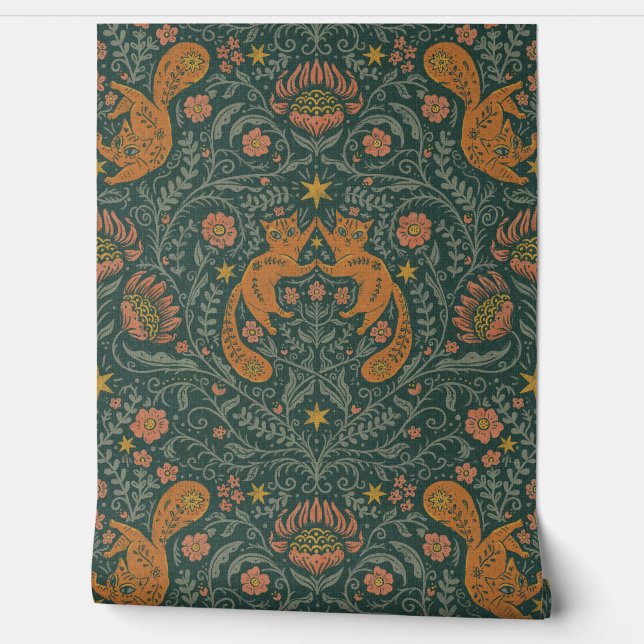 Refined Bohemian Cats - Moody Teal & Orange Wallpaper (Unrolling)
