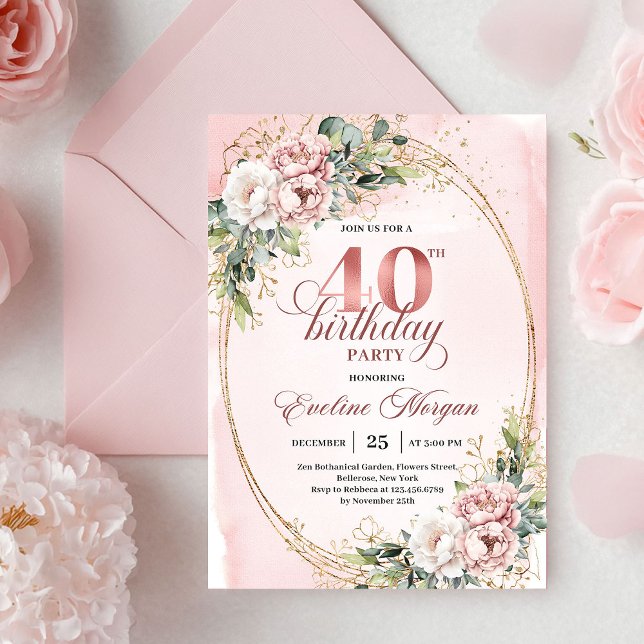 Refined Bohemian Pastel Pink Floral 40th Birthday  Invitation (Refined Bohemian Pastel Pink Floral 40th Birthday Invitation)