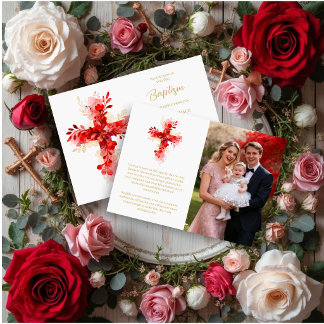 Refined Botanical Cross in Red Tones Photo Baptism Invitation