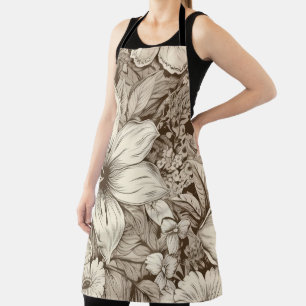 Refined Botanical Motif in Soft Sepia Tones Apron