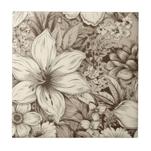 Refined Botanical Motif in Soft Sepia Tones Ceramic Tile