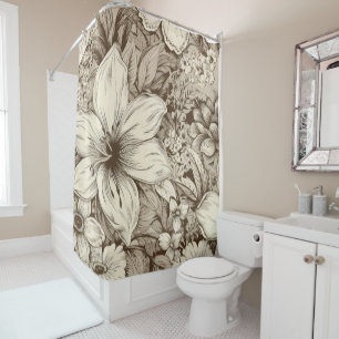Refined Botanical Motif in Soft Sepia Tones Shower Curtain