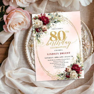 Refined Burgundy Floral Gold 80th Birthday Invite